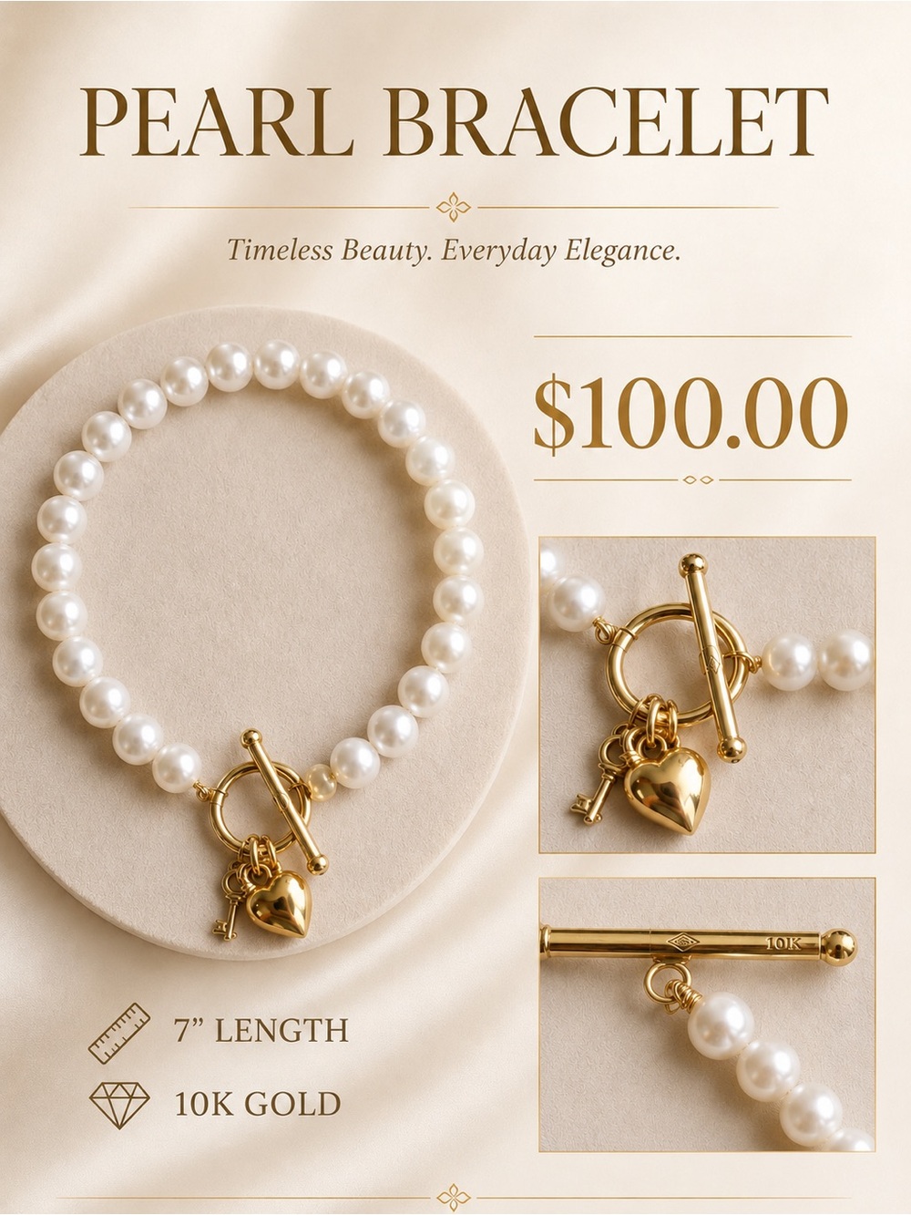NEW Pearl 10k Gold Toggle Bracelet with Heart and Key Charm—7”